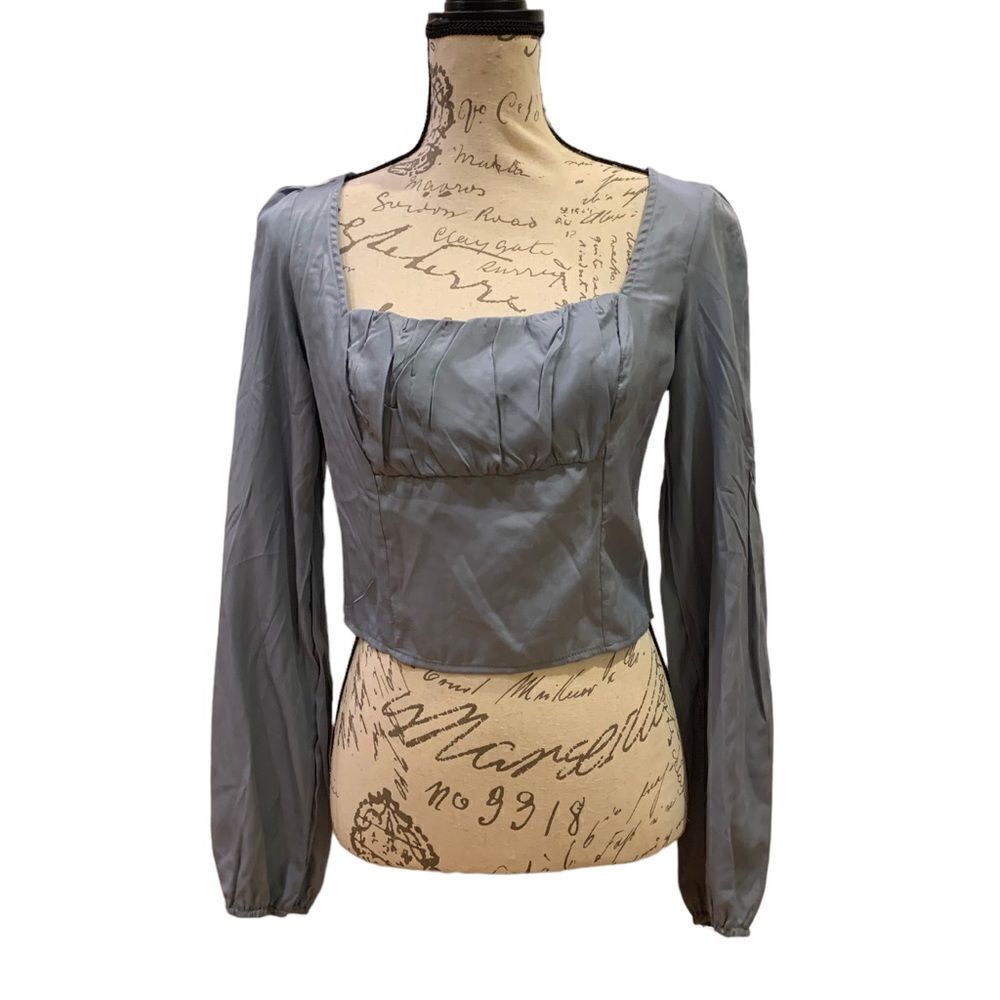 Blue Cropped Blouse Long Sleeved Side Zip M